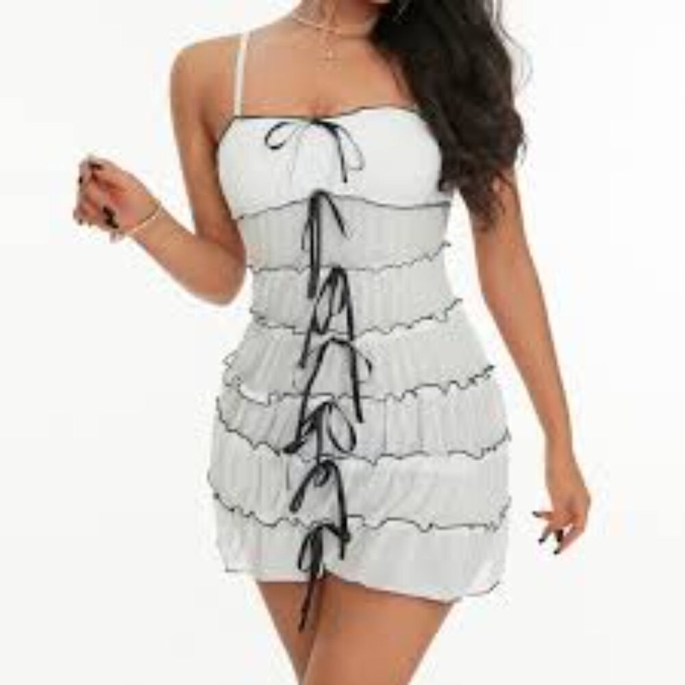 Romantic Satin Bow Tie Ruffle Mini Dress - Picture 7 of 7